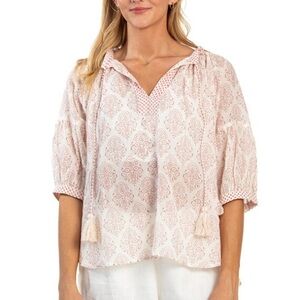 Sundance Alamwar Puff Sleeve Blouse Top Sz XS Block Print Pink White Semi-sheer